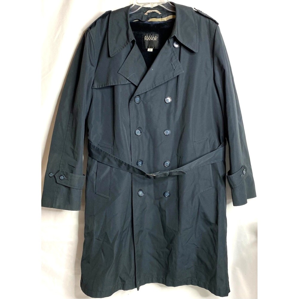Vintage Austin Manor Zip Out Liner Double Breasted Belted Blue Trench Coat 42R